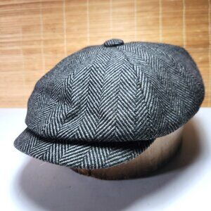 Gamble & Gunn Newsboy Hat Med 7 (57cm) Grey Black Herringbone Button Top Cap